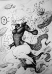  1boy 1girl ? absurdres bald breasts chronozbergh collared_dress debris dress floating floating_object floating_rock graphite_(medium) greyscale highres levitation monochrome one-punch_man saitama_(one-punch_man) short_hair side_slit small_breasts solo_focus speech_bubble squatting tatsumaki telekinesis thighs traditional_media 