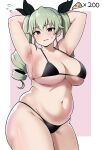  1girl alternate_breast_size amogan anchovy_(girls_und_panzer) armpits arms_behind_head arms_up bikini black_bikini blush border breasts brown_eyes closed_mouth commentary commission cowboy_shot drill_hair flying_sweatdrops food girls_und_panzer green_hair highres huge_breasts long_hair looking_at_viewer navel pixiv_commission pizza pizza_slice plump skindentation smile solo standing string_bikini sweatdrop swimsuit twin_drills white_border 