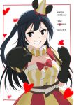  1girl absurdres birthday black_hair border character_name collarbone commentary dated dress english_text grey_eyes grin happy_birthday hat highres infinity!_our_wings!! long_hair looking_at_viewer love_live! love_live!_nijigasaki_high_school_idol_club mittens one_side_up red_border smile upper_body white_background yellow_dress yokota_takumi yuuki_setsuna_(love_live!) 