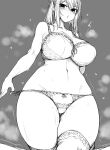  1girl blush bra breasts cleavage greyscale haseru_(ginku_mh) heart highres large_breasts lingerie looking_at_viewer medium_hair monochrome original panties panty_pull pulled_by_self solo thighhighs underwear 