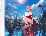  1girl bare_legs bare_shoulders bird blue_sky breasts cleavage cloud day dress highres hololive hololive_english junghoonpic7777 looking_at_viewer mori_calliope mori_calliope_(3rd_costume) outdoors pink_hair post-apocalypse power_lines red_dress ruins sitting sky solo strappy_heels traffic_light virtual_youtuber water 