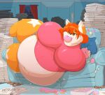 anthro belly big_belly brown_eyes canid canine dessert doughnut female food fox fur furniture garuda_six hair huge_thighs inside kim_(|-super-|) living_room lying mammal morbidly_obese morbidly_obese_anthro morbidly_obese_female navel newspaper obese obese_anthro obese_female on_side orange_body orange_fur orange_hair overweight overweight_anthro overweight_female sofa solo stuffing thick_thighs weight_gain white_body white_fur 