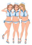  3girls absurdres brown_hair full_body highres idolmaster idolmaster_cinderella_girls looking_at_viewer matsumoto_sarina mizuki_seira multiple_girls ohta_yuu onao sailor_bikini sailor_collar simple_background white_background 