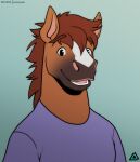  anthro brown_body brown_fur brown_hair clothed clothing equid equine fur hair headshot_portrait hi_res horse looking_at_viewer male mammal open_mouth portrait prismanoodle_(artist) shirt simple_background simple_eyes smile solo t-shirt teeth tongue topwear white_body white_fur 