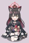  1girl :d age_regression aged_down animal_ears bare_legs black_flower black_garter_straps black_gloves black_hair black_kimono blue_archive blush boots brown_hair fingerless_gloves floral_print flower fox_ears fox_girl full_body garter_straps gloves hair_flower hair_ornament halo hand_on_own_chest hand_up happy heeya highres japanese_clothes kimono kneeling long_hair miniskirt multicolored_hair no_legwear no_tail on_one_knee pleated_skirt red_hair sash skirt slit_pupils smile solo squatting thigh_strap two-tone_hair very_long_hair wakamo_(blue_archive) white_skirt wide_sleeves yellow_eyes 