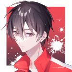  1boy bilingual black_eyes black_hair black_shirt border chinese_text closed_mouth collarbone commentary double-parted_bangs english_text frown fuurin_hino513 hair_between_eyes jacket kagerou_project kisaragi_shintarou looking_at_viewer male_focus mixed-language_text open_clothes open_jacket outside_border popped_collar portrait red_background red_jacket shirt short_hair signature single_stripe solo splatter striped striped_jacket t-shirt track_jacket watermark white_border white_stripes 