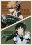 2boys bakugou_katsuki bare_shoulders black_mask blonde_hair bodysuit boku_no_hero_academia bright_pupils character_name clenched_hand closed_mouth curly_hair detached_sleeves dokka_p eye_mask eyebrows_hidden_by_hair fist_in_hand floating_clothes freckles from_side gloves green_bodysuit green_gloves green_hair hair_between_eyes hand_up hands_up headgear highres looking_at_another looking_to_the_side male_focus midoriya_izuku multiple_boys orange_gloves pac-man_eyes panels parted_lips profile red_eyes sanpaku short_hair sideways_glance sideways_mouth sleeveless slit_pupils smile spiked_hair text_background two-tone_gloves white_gloves white_pupils 