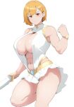  1girl absurdres biceps breasts cleavage cleavage_cutout clothing_cutout coco_(setawar) gauntlets highres holding holding_sword holding_weapon large_breasts looking_at_viewer medium_hair navel original solo sword thighs weapon 