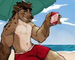  anthro beach beverage bottomwear can clothed clothing container eyewear eyewear_on_head hi_res hyena looking_at_viewer male mammal muscular outside seaside shorts smile smiling_at_viewer solo sunglasses sunglasses_on_head thrisker topless umbrella 