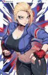  1girl artist_name black_sports_bra blonde_hair blue_eyes blue_jacket breasts cammy_white cleavage cropped_jacket eyeliner eyeshadow fingerless_gloves gloves highres jacket large_breasts looking_at_viewer makeup navel orouu pants scar scar_on_cheek scar_on_face short_hair solo sports_bra street_fighter thighs union_jack yoga_pants 