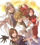  2boys 2girls advent-lezard aerith_gainsborough ascot bare_shoulders black_dress black_gloves blonde_hair blue_ascot blue_eyes bouquet breasts brown_eyes brown_hair closed_eyes cloud_strife crossed_arms dress final_fantasy final_fantasy_vii final_fantasy_vii_remake flower formal from_above gloves grey_hair grey_sweater hair_between_eyes hair_flower hair_ornament halter_dress halterneck highres holding holding_bouquet holding_party_popper jacket jewelry long_bangs long_dress long_hair long_sleeves looking_at_viewer medium_breasts multiple_boys multiple_girls necklace one_eye_closed open_mouth outstretched_hand pants parted_bangs party_popper red_dress red_flower red_footwear sephiroth short_hair sidelocks sleeveless sleeveless_dress smile spiked_hair straight_hair suit suit_jacket sweater tifa_lockhart turtleneck turtleneck_sweater wavy_hair white_footwear white_jacket white_pants white_suit 