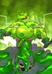  2023 absurd_res anthro belly clothing devilturtle dinosaur dirty dirty_anal dromaeosaurid excessive_feces feces genitals gloves green_body green_penis green_skin handwear hi_res hyper hyper_feces hyper_scat_day male nails penis pooping reptile scalie scat smell smelly solo theropod toilet toilet_use yellow_eyes 