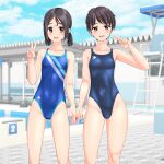  2girls absurdres black_hair black_one-piece_swimsuit blue_one-piece_swimsuit blue_sky breasts brown_eyes cameltoe cloud collarbone commentary_request competition_swimsuit covered_navel day feet_out_of_frame highres lifeguard_chair logo looking_at_viewer low_twintails multiple_girls one-piece_swimsuit original outdoors pool poolside short_hair sky small_breasts starting_block swimsuit takafumi twintails v 