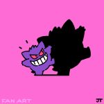  commentary gengar grin highres james_turner leg_up no_humans notice_lines pink_background pink_eyes pokemon pokemon_(creature) signature simple_background smile solo standing standing_on_one_leg teeth 