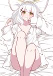  1girl absurdres ass bed_sheet blue_archive blush buttons closed_mouth collarbone cross_hair_ornament feet_out_of_frame flat_chest green_eyes grey_hair hair_ornament halo hare_(blue_archive) highres long_hair looking_at_viewer moyoron pillow shirt solo white_shirt 