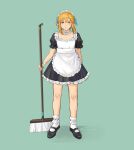  1boy :i absurdres alternate_costume apron bare_legs black_dress blonde_hair blue_eyes blue_ribbon broom dress enmaided fashball frilled_apron frilled_dress frills full_body green_background hair_ribbon highres juliet_sleeves link long_sleeves looking_at_viewer maid maid_apron maid_headdress mary_janes neck_garter pointy_ears puffy_short_sleeves puffy_sleeves ribbon shoes short_sleeves sidelocks solo the_legend_of_zelda white_apron wrist_cuffs 