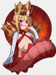  1girl batayu blonde_hair criss-cross_halter crown dragon_tail elbow_gloves fate/grand_order fate_(series) flat_chest gloves halterneck highres licking_lips navel nero_claudius_(fate) pointy_ears queen_draco_(fate) queen_draco_(second_ascension)_(fate) red_eyes red_scales tail tongue tongue_out 