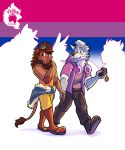  abstract_background absurd_res anthro blush bro_wolffox canid canine canis clothed clothing dude_lyena felid fox fully_clothed handheld hi_res holding_object holding_phone hybrid hyena lion male male/male male_anthro mammal pantherine phone thekinkybear wolf 