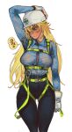  1girl absurdres arm_above_head blonde_hair blue_eyes breasts gloves hair_between_eyes hardhat harness helmet highres large_breasts long_hair mossacannibalis nipples original see-through solo very_long_hair wet wet_clothes white_background white_gloves 