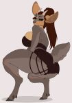  anthro big_breasts big_ears bottomwear breasts brown_hair clothing deer eyelashes female fur grey_body grey_fur hair hi_res hooves horn hotpants inner_ear_fluff long_hair looking_at_viewer looking_back looking_back_at_viewer makeup mammal mascara missy_(artist) ponytail shorts simple_background skindentation solo thick_thighs tuft white_background 