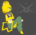  2023 anthro blonde_hair crossed_arms cybernetics domestic_cat felid feline felis female fur hair hair_over_eye lime_(page) machine mammal midriff one_eye_obstructed page_(artist) sitting solo yellow_body yellow_fur 