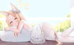  1girl animal_ears ass blonde_hair blue_archive blush day dress fox_ears frilled_dress frills halo highres kianata long_hair looking_at_viewer lying on_stomach open_mouth outdoors pantyhose parted_lips revision seia_(blue_archive) solo white_dress white_pantyhose yellow_eyes yellow_halo 