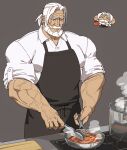  1boy apron bara beard black_apron blue_eyes chibi chibi_inset cooking cowboy_shot dark-skinned_male dark_skin facial_hair food frying_pan grey_background highres holding holding_frying_pan jp_(street_fighter) kitchen large_pectorals long_hair looking_down male_focus mature_male muscular muscular_male mustache old old_man pasta pectorals sa1k0p shirt sleeves_rolled_up smile solo steam stove street_fighter street_fighter_6 thick_eyebrows thick_mustache tomato white_hair white_shirt 