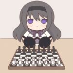  1girl akemi_homura bishop_(chess) black_hair blush chess_piece chessboard chibi closed_mouth highres king_(chess) knight_(chess) long_hair long_sleeves mahou_shoujo_madoka_magica pawn_(chess) purple_eyes queen_(chess) rook_(chess) solo yuno385 