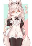  2023 accessory anagod anthro canid canine clothed clothing female fox frilly frilly_clothing frilly_underwear fur hair_accessory hi_res japanese_text kemono legwear maid_apron maid_headdress maid_uniform mammal number partially_clothed ribbons serving_tray shirt_cuffs simple_background smile solo stockings text tray uniform white_body white_fur 