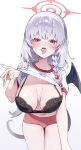  1girl absurdres black_bra blue_archive blush bra breasts breasts_apart buruma candy clothes_lift demon_tail demon_wings food grey_hair gym_shirt gym_uniform halo haruna_(blue_archive) haruna_(track)_(blue_archive) highres large_breasts lifted_by_self looking_at_viewer meunhongcha navel nose_blush official_alternate_costume red_buruma red_eyes saliva saliva_drip shirt shirt_lift simple_background single_wing solo tail tongue tongue_out underwear white_background wings 