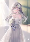  1girl bare_shoulders blue_eyes blush bouquet breasts cleavage closed_mouth collarbone commentary_request curtains day dress elbow_gloves flower gloves grey_hair hair_flower hair_ornament holding holding_bouquet indoors long_hair medium_breasts midorikawa_you original petals rose smile solo strapless strapless_dress transparent very_long_hair white_dress white_flower white_gloves white_rose 