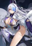  1girl animal_ears azur_lane blue_butterfly braid breasts bug butterfly cleavage clothes_lift clothes_pull dress eyepatch floral_print hair_ornament hair_over_one_eye high_heels highres holding holding_sword holding_weapon horns jacket japanese_clothes katana kimono large_breasts long_hair long_sleeves looking_at_viewer no_bra obi on_one_knee one_eye_covered panties parted_lips purple_eyes red_cucumber robe sash sheath sheathed shoes side_slit skindentation skirt skirt_lift skirt_pull solo sword tail thigh_strap thighs underwear unzen_(azur_lane) very_long_hair weapon white_hair wide_sleeves 