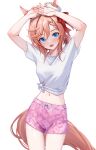  1girl animal_ears arms_up blue_eyes blush braid commentary_request ears_through_headwear feet_out_of_frame floral_print hair_between_eyes highres horse_ears horse_girl horse_tail looking_at_viewer medium_hair midriff navel open_mouth pink_shorts red_hair shirt short_hair short_sleeves shorts simple_background single_braid solo standing tail tied_shirt tks_(526tks) umamusume venus_park_(umamusume) white_background white_headwear white_shirt 