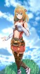 1girl blonde_hair breasts closed_mouth cloud detached_sleeves feet_out_of_frame fiora_(xenoblade) grass green_eyes hair_ribbon highres long_hair looking_at_viewer midriff miniskirt navel ribbon samu_poteto skirt smile solo thighhighs xenoblade_chronicles_(series) xenoblade_chronicles_1 