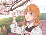  1girl brown_eyes brown_hair cherry_blossoms collarbone earrings falling_petals flower grass hoop_earrings idolmaster idolmaster_cinderella_girls jacket jewelry looking_at_viewer open_mouth outdoors petals riku_(melty_drop) solo tree yuuki_haru 