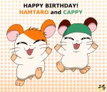  2023 artist_logo cappy_(hamtaro) clothing cricetid duo eyes_closed feral fur green_clothing green_hat green_headwear hamster hamtaro hamtaro_(series) happy happy_birthday hat headgear headwear hi_res logo male mammal orange_body orange_fur pattern_background pichu90 rodent simple_background smile tan_body tan_fur 