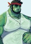  1boy absurdres bara beard chest_hair_peek clenched_hand colored_skin covered_nipples facial_hair green_skin headband highres huge_pectorals large_hands looking_to_the_side male_focus mature_male monster_boy muscular muscular_male orc original pectorals red_headband ruslorc see-through shirt short_hair solo strongman_waist sweat thick_eyebrows tusks upper_body very_sweaty wet wet_clothes wet_shirt 
