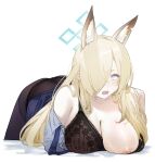  1girl absurdres animal_ear_fluff animal_ears bare_shoulders bent_over black_bra black_panties black_pantyhose blonde_hair blue_archive blue_eyes blue_shirt blush bra breasts cleavage commentary_request hair_over_one_eye highres kanna_(blue_archive) lace-trimmed_bra lace_trim large_breasts long_hair looking_at_viewer nipples one_breast_out open_mouth panties panties_under_pantyhose pantyhose shirt simple_background solo sweat underwear white_background yanyo_(ogino_atsuki) 