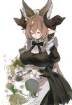  1girl animal animal_ears apron black_bow black_bowtie black_dress bow bowtie breasts brown_hair cat closed_eyes dress earrings ewiyar_(granblue_fantasy) galleon_(granblue_fantasy) granblue_fantasy holding holding_animal horns iwashi_(morpho000) jewelry juliet_sleeves large_breasts long_hair long_sleeves multicolored_hair pointy_ears puffy_sleeves sidelocks smile streaked_hair upper_body waist_apron white_background 