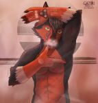  animal_humanoid anthro bathroom bodily_fluids canid canine canis fox gazuki hi_res humanoid hybrid looking_at_viewer male mammal muscular muscular_male nude pose sauna simple_background solo steam sweat sweatdrop window wolf 