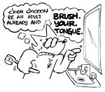  anthro brush dialogue female gesture hi_res holding_object looking_at_self mirror pointing sink solo text thought_bubble toothbrush twist_(twistcmyk) twistcmyk 