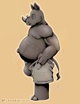  2_horns 3_fingers anthro belly big_belly bottomwear brown_eyes bulge cargo_shorts clothing fingers flashquatsch grey_body grey_skin hi_res horn humanoid inverted_nipples male mammal meme navel nipples pants reuben_(flashquatsch) rhinoceros shorts simple_background small_eyes solo tail tail_tuft tuft underwear 