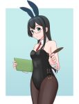  1girl alternate_costume animal_ears black_hair black_leotard black_pantyhose clipboard cowboy_shot detached_collar geometrie glasses green_eyes highres kantai_collection leotard long_hair necktie ooyodo_(kancolle) pantyhose playboy_bunny quill rabbit_ears rabbit_tail red_necktie side-tie_leotard solo strapless strapless_leotard tail wrist_cuffs 
