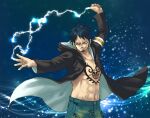  1boy black_hoodie facial_hair goatee hood hoodie jacket lightning looking_at_another m_syotaro navel one_piece open_clothes open_jacket short_hair shorts smile solo tattoo toned toned_male trafalgar_law v-shaped_eyebrows 