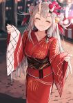  1girl absurdres alternate_costume bell blurry blurry_background blush breasts closed_eyes commentary double_bun facing_viewer feet_out_of_frame fingernails fireworks_print grey_hair grin hair_bell hair_bun hair_ornament hands_up highres hololive horn_ornament horns japanese_clothes jingle_bell kimono long_hair mask mask_on_head multicolored_hair nakiri_ayame nakiri_ayame_(4th_costume) obi obijime ogura_tubuan oni_horns oni_mask outdoors red_hair red_kimono sash skin-covered_horns sleeves_past_wrists small_breasts smile solo streaked_hair teeth virtual_youtuber wide_sleeves yukata 