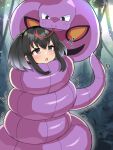  1girl absurdres arbok black_hair blush bound brown_eyes commission constriction crossover forest forked_tongue gradient_hair grey_hair highres kantai_collection multicolored_hair nature open_mouth outdoors pokemon pokemon_(creature) short_hair_with_long_locks skeb_commission tokitsukaze_(kancolle) tongue yorika720 