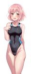  1girl black_one-piece_swimsuit braid breasts commission competition_swimsuit covered_navel date_a_live highleg highleg_swimsuit highres looking_at_viewer medium_breasts multicolored_clothes multicolored_swimsuit one-piece_swimsuit pink_hair pixiv_commission shiitake_taishi simple_background solo sonogami_rinne standing swimsuit white_background 
