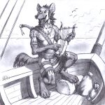  0laffson anthro clothed clothing digitigrade hi_res hyena lyre male mammal melee_weapon monochrome musical_instrument plucked_string_instrument sack ship solo spotted_hyena string_instrument sword traditional_media_(artwork) vehicle watercraft weapon 
