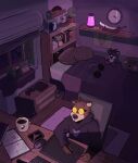  absurd_res anthro bear bed bedroom beverage bitterdrink_(artist) chilling clothing coffee drawing eyewear furniture glasses hi_res hoodie male mammal plant shelf slightly_chubby solo solo_focus studying topwear vibing 