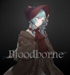  1girl absurdres aqua_hair ascot bang_dream! black_background bloodborne blue_bow bonnet bow braid brown_coat chinese_commentary closed_mouth coat collared_shirt commentary_request copyright_name cosplay gothic green_eyes hair_between_eyes hair_bow highres hikawa_hina parted_bangs plain_doll plain_doll_(cosplay) red_ascot red_headwear red_scarf scarf shirt solo twin_braids upper_body walluka white_shirt 